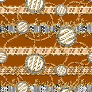 Seamless Pattern of Golden Chains and Baroque with Versace on Brown Background.