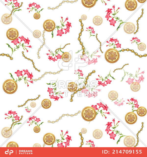 Seamless Colored Flowers with Golden Chains, on White Background.