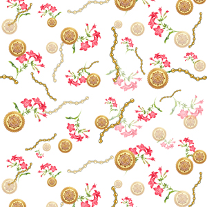Seamless Colored Flowers with Golden Chains, on White Background.