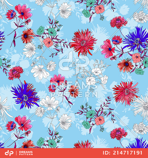Seamless Hand Drawn Illustration Pattern, Colorful Big Flowers on Light Blue Background.