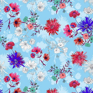 Seamless Hand Drawn Illustration Pattern, Colorful Big Flowers on Light Blue Background.