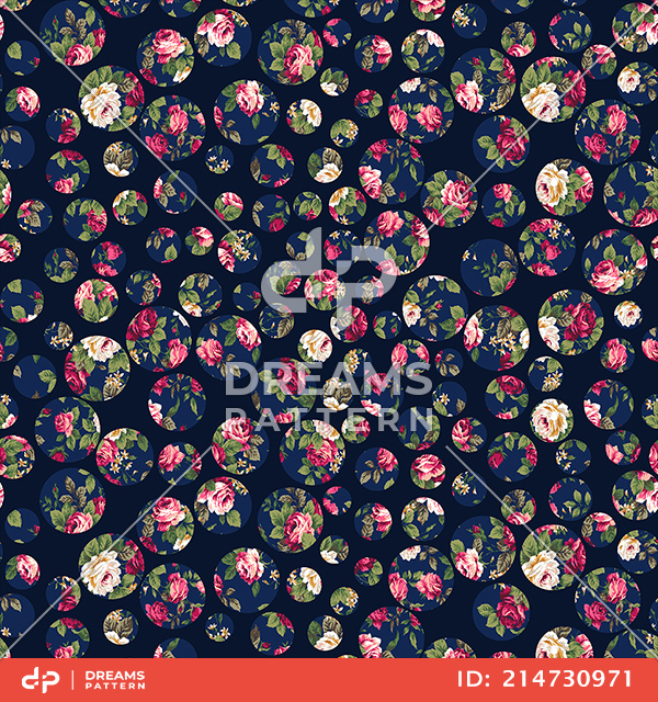 Seamless Floral Textile Design with Dots on Dark Blue Background.
