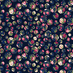 Seamless Floral Textile Design with Dots on Dark Blue Background.