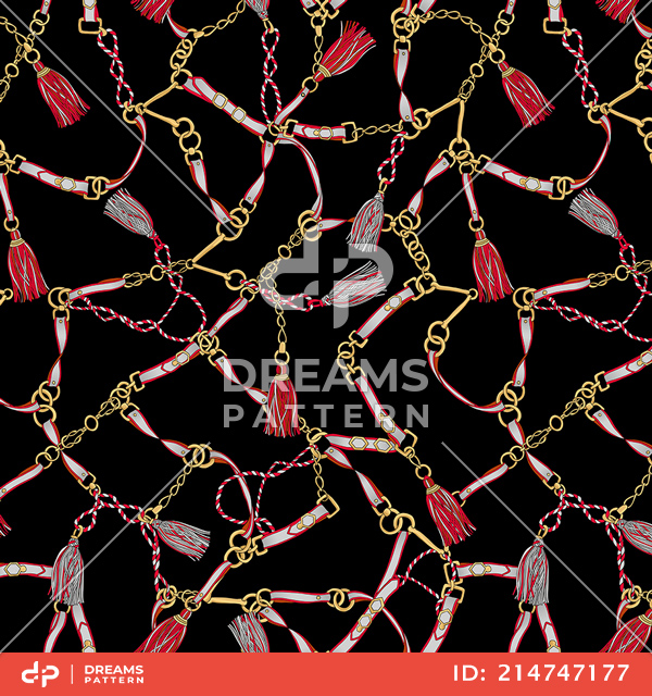 Seamless Pattern of Golden Chains, Rings, Ropes and Belts on Black Background.