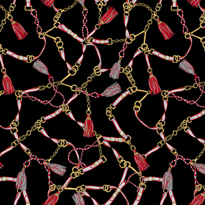 Seamless Pattern of Golden Chains, Rings, Ropes and Belts on Black Background.