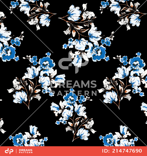 Seamless Hand Drawn Flowers with Leaves On Black, Designed for Fabric Textile.
