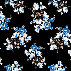 Seamless Hand Drawn Flowers with Leaves On Black, Designed for Fabric Textile.
