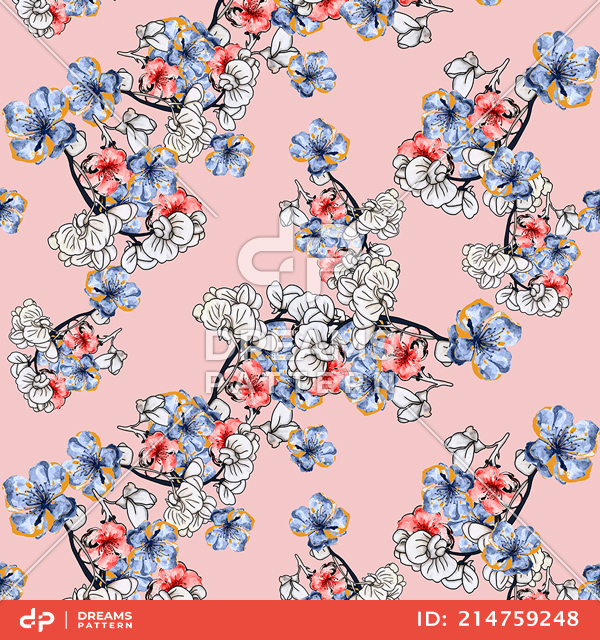 Seamless Hand Drawn Flowers Pattern, Repeated Illustration Ready for Textile Prints.