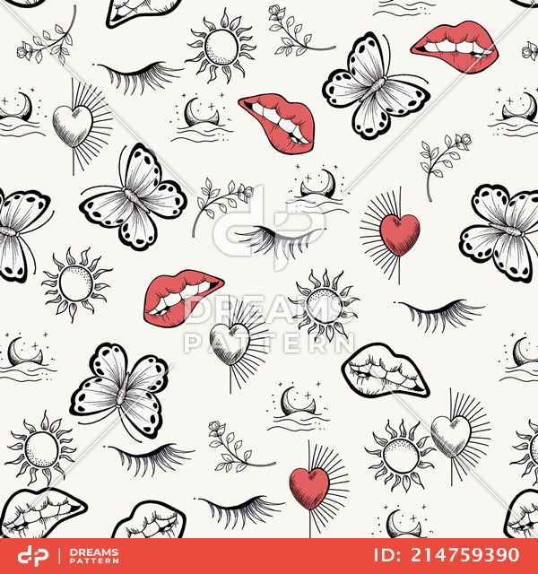 Seamless Hand Drawn Sketch, Doodle Style, Elements Pattern Ready for Textile Prints.