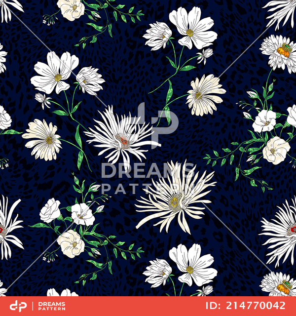 Seamless Modern Hand Drawn Floral Pattern, White Big Flowers on Dark Blue Background.