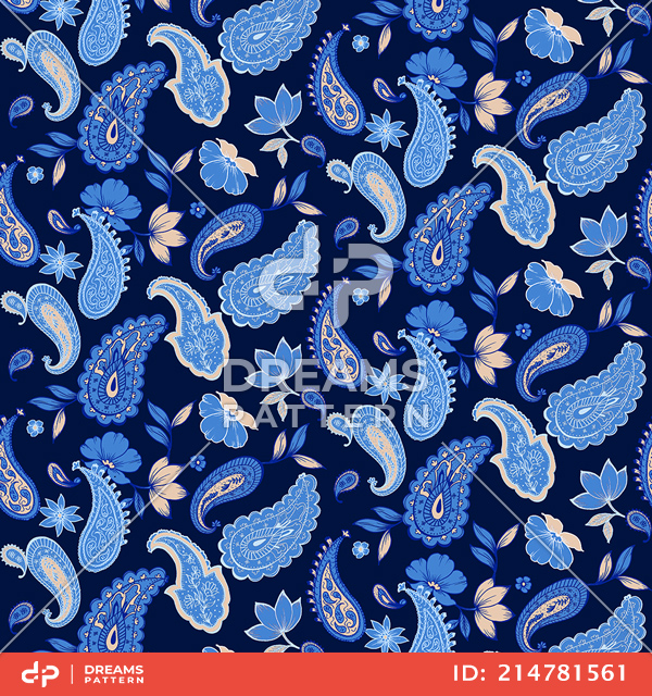 Seamless Paisley Pattern, Vintage Aztec Style on Dark Blue Background.