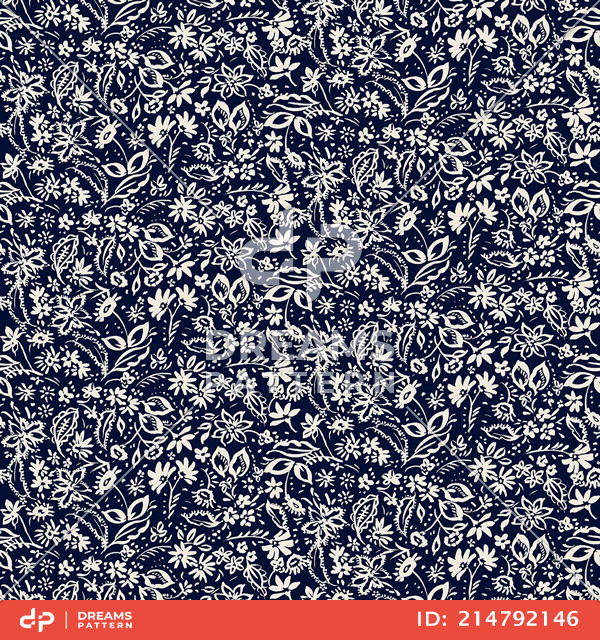 Seamless Hand Drawn Mini Flowers. Repeating Pattern on Dark Blue Background.