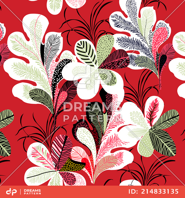 Seamless Colored Flowers with Leaves in Retro Style, Lined Art Pattern Ready for Textile.