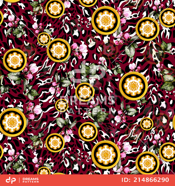 Seamless Pattern of Golden Decorative Motif with Flowers, on Colored Leopard Skin.