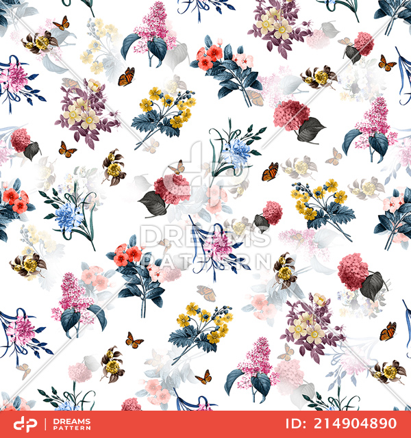 Watercolor Hand Drawn Floral Pattern, Colorful Seamless Small Flowers with Leaves.