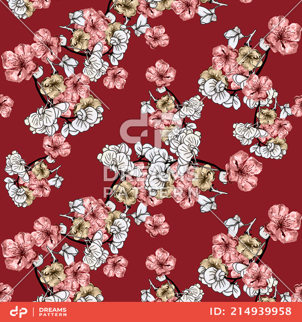 Seamless Hand Drawn Flowers Pattern, Repeated Illustration Ready for Textile Prints.