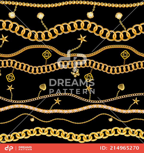 Luxury Pattern with Jewelry Golden Chains, Seamless on Black background.