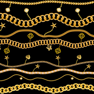 Luxury Pattern with Jewelry Golden Chains, Seamless on Black background.