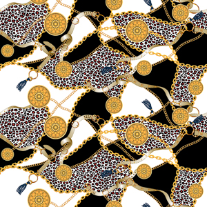 Trendy Seamless Leopard Skin with Golden Chains on Black and White Background.