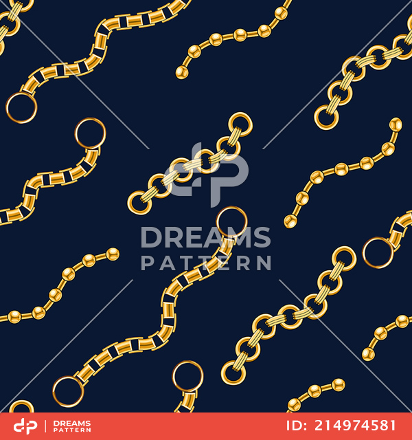 Seamless Golden Chains, Luxury Pattern on Dark Blue Background.