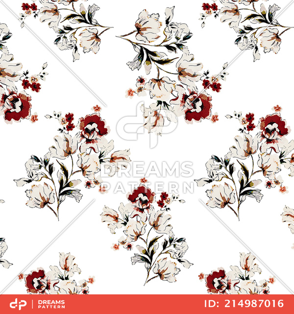 Seamless Hand Drawn Flowers with Leaves On White, Designed for Fabric Textile.
