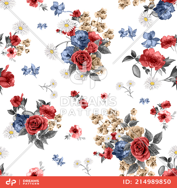 Seamless Watercolor Floral Pattern, Beautiful Flowers Bouquet on White Background.