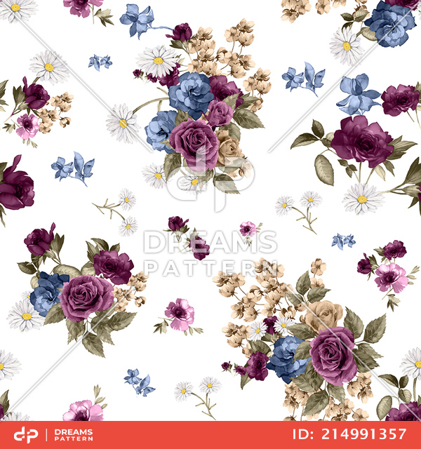 Seamless Watercolor Floral Pattern, Beautiful Flowers Bouquet on White Background.