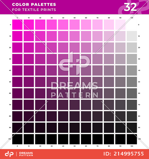 Set 32 Color Palettes for Textile Prints. Tints and Shades Chart, Colors Guide Swatches.