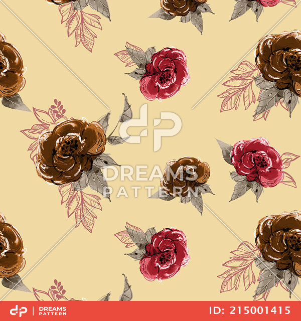 Seamless Watercolor Flowers with Leaves, Repeat Design Ready for Textile Prints.