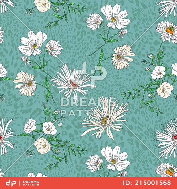 Seamless Modern Hand Drawn Floral Pattern, White Big Flowers on Mint Background.