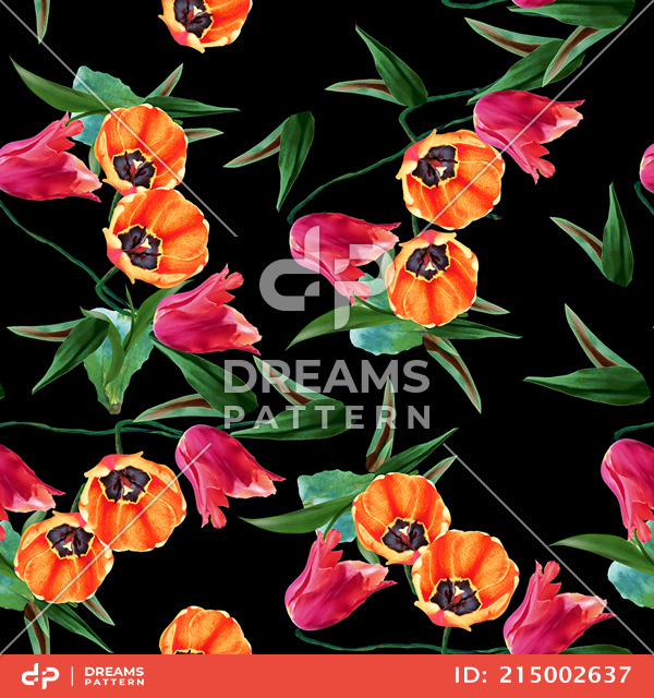 Seamless Flowers Pattern with Leaves on Black Background Ready for Textile Prints.