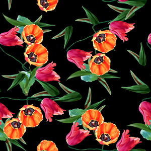 Seamless Flowers Pattern with Leaves on Black Background Ready for Textile Prints.