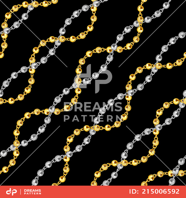 Seamless Pattern of Golden and Silver Chains. Curved Waves, Designed with diagonal form.