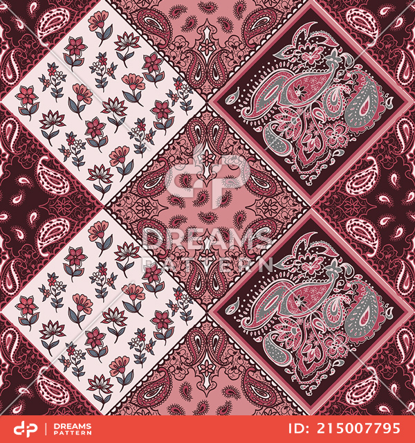 Seamless Geometric Pattern of Small Flowers with Paisley, Diamond Shapes Ready for Textile.