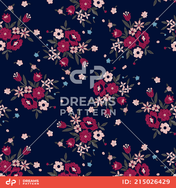 Seamless Embroidery Pattern of Flowers with Leaves Designed for Fabric Textile.