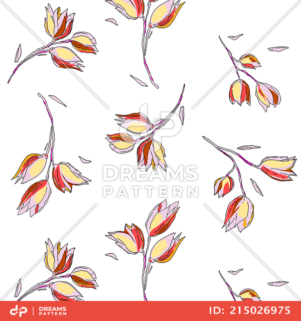 Seamless Hand Drawn Flowers Sketched Outline Style Pattern on White Background.