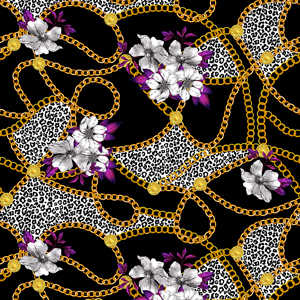Seamless Chains Pattern with Flowers and Leopard Skin on White Background.