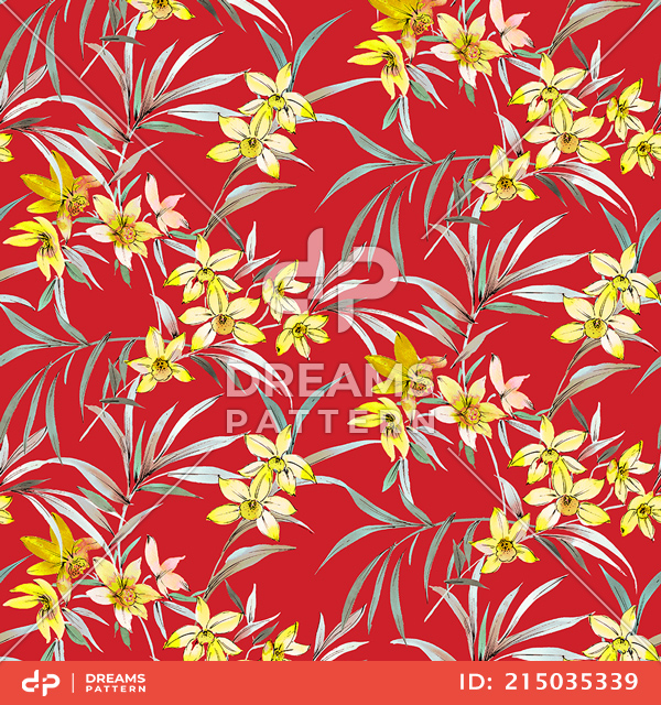 Seamless Tropical Floral with Leaves, Romantic Flowers Pattern Ready for Textile Prints.