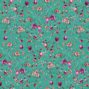 Seamless Watercolor Floral Pattern on Green Background, Ready for Textile Prints.