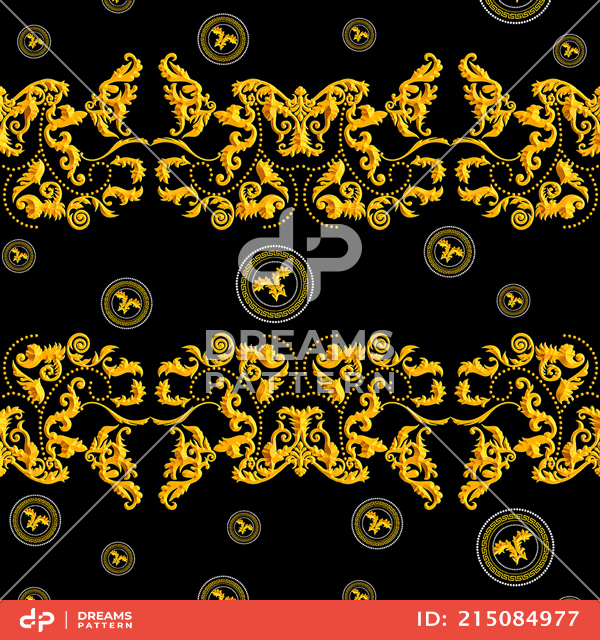 Seamless Golden Baroque Luxury Design on Black Background.