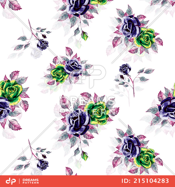 Beautiful Seamless Design with Colorful Watercolor Roses on White Background.