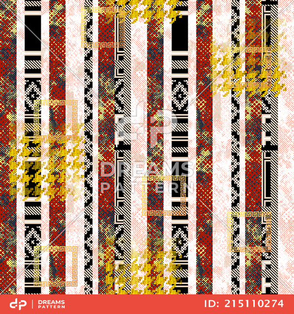 Seamless Abstract Design, Hounds Tooth and Ethnic on Lined Background.