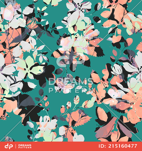 Seamless Abstract Floral Pattern, Beautiful Hand Drawn Leaves on Turquoise.