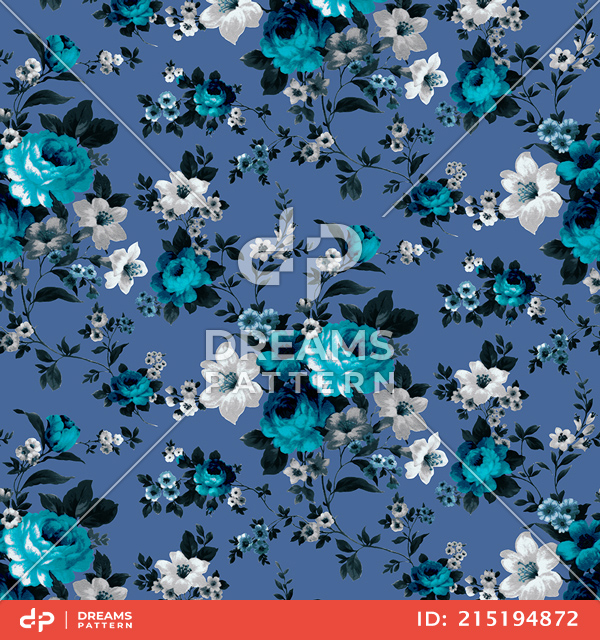 Beautiful Seamless Watercolor Floral Pattern, Small Flowers on Indigo Background.