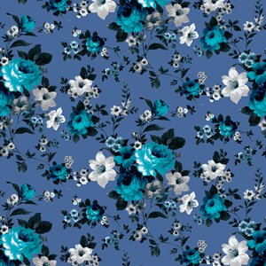 Beautiful Seamless Watercolor Floral Pattern, Small Flowers on Indigo Background.