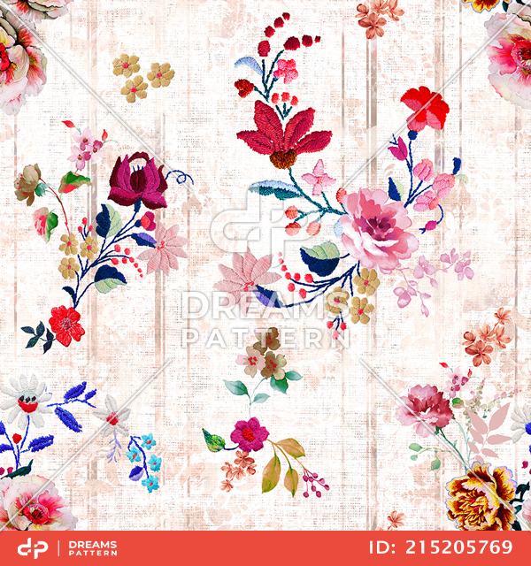 Seamless Embroidery Floral Design on Colored Background, Flowers Pattern Ready for Textile Prints.