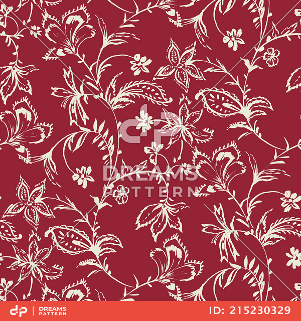 Seamless Hand Drawn Flowers with Leaves. Repeating Pattern on Dark Red Background.