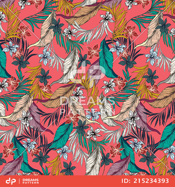 Seamless Vintage Floral Pattern with Leaves, Colorful Hand Drawn Tropical Leaves.