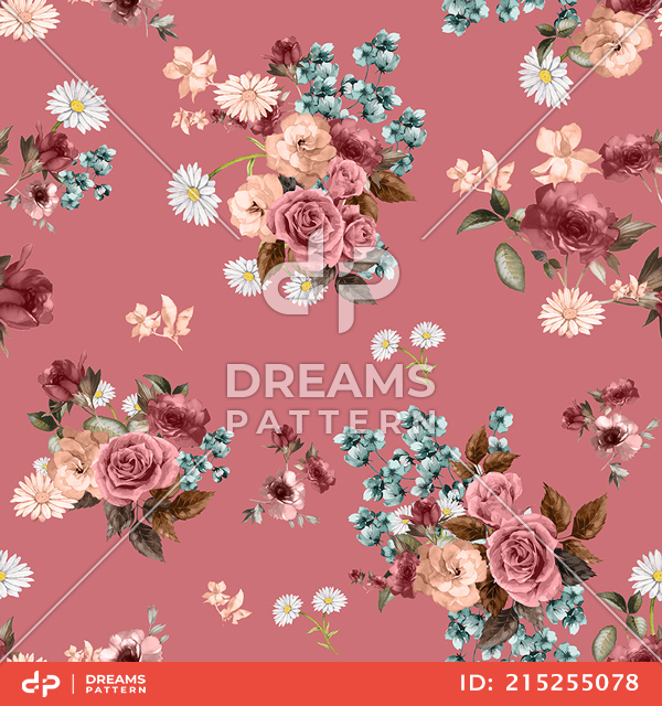 Seamless Watercolor Floral Pattern, Beautiful Flowers Bouquet on Pink Background.