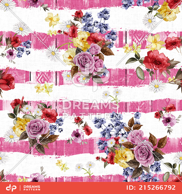 Seamless Beautiful Flowers Bouquet Pattern, with Striped Background.